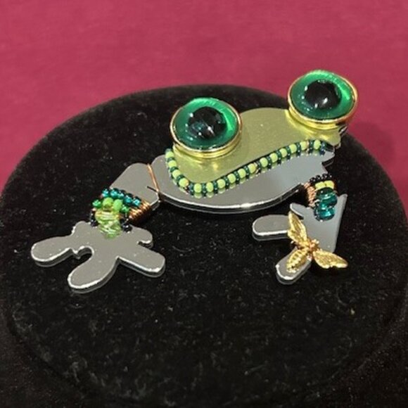 🏖️LIZTECH Retro Mirrored Glass Bead Frog BROOCH - Picture 4 of 8